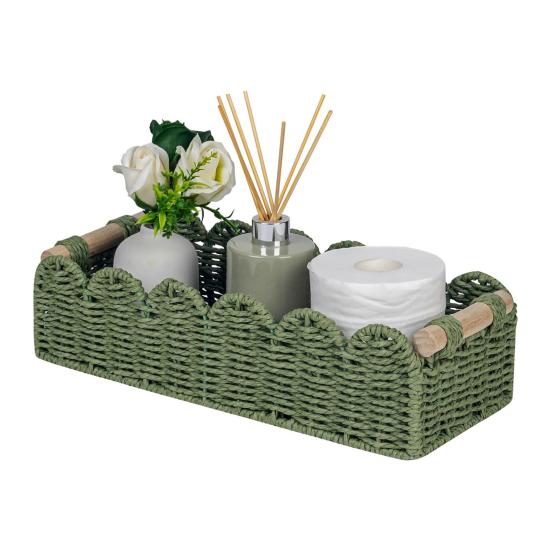 Yousheng Handwoven Storage Basket Handcrafted Scalloped Basket with Wooden Handles Rustic Toilet Paper Storage Basket for Bathroom Bedroom Storage