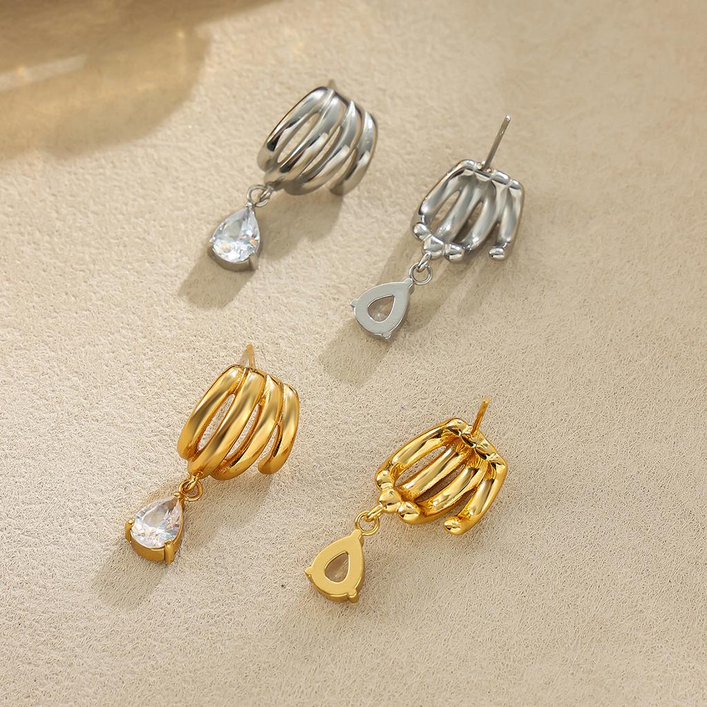 European and American Temperament Water Drop Zircon Fringed Geometric Stainless Steel Stud Earrings, Versatile Claw-shaped Curved C-shaped Ear Jewelry