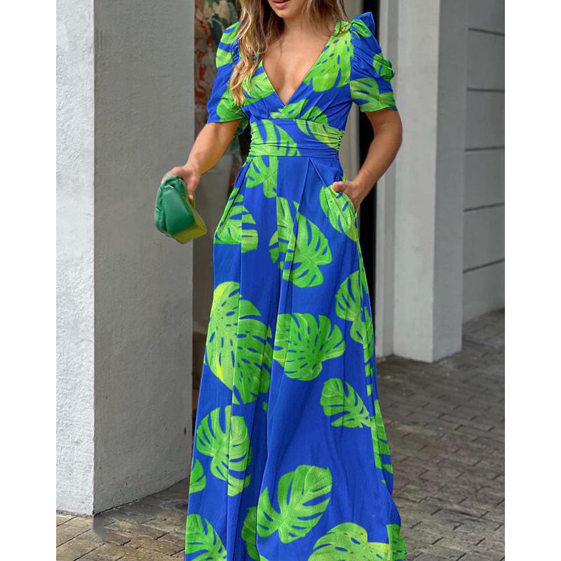 2023 Spring Women's Fashion V-neck Waist-Cinching Wide-Leg Jumpsuit