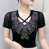 Summer New Cross V-neck Shiny Hot Diamonds T-shirt For Women Slim Short Sleeve Tees Lady Fashion Casual Elastic Mesh Tops