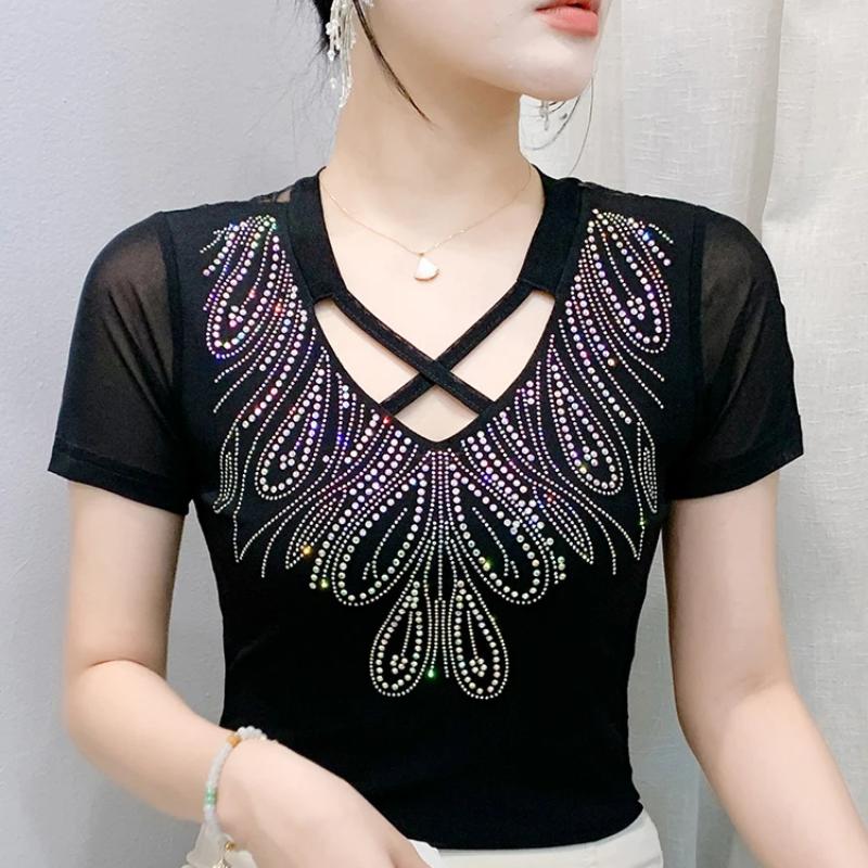 Summer New Cross V-neck Shiny Hot Diamonds T-shirt For Women Slim Short Sleeve Tees Lady Fashion Casual Elastic Mesh Tops
