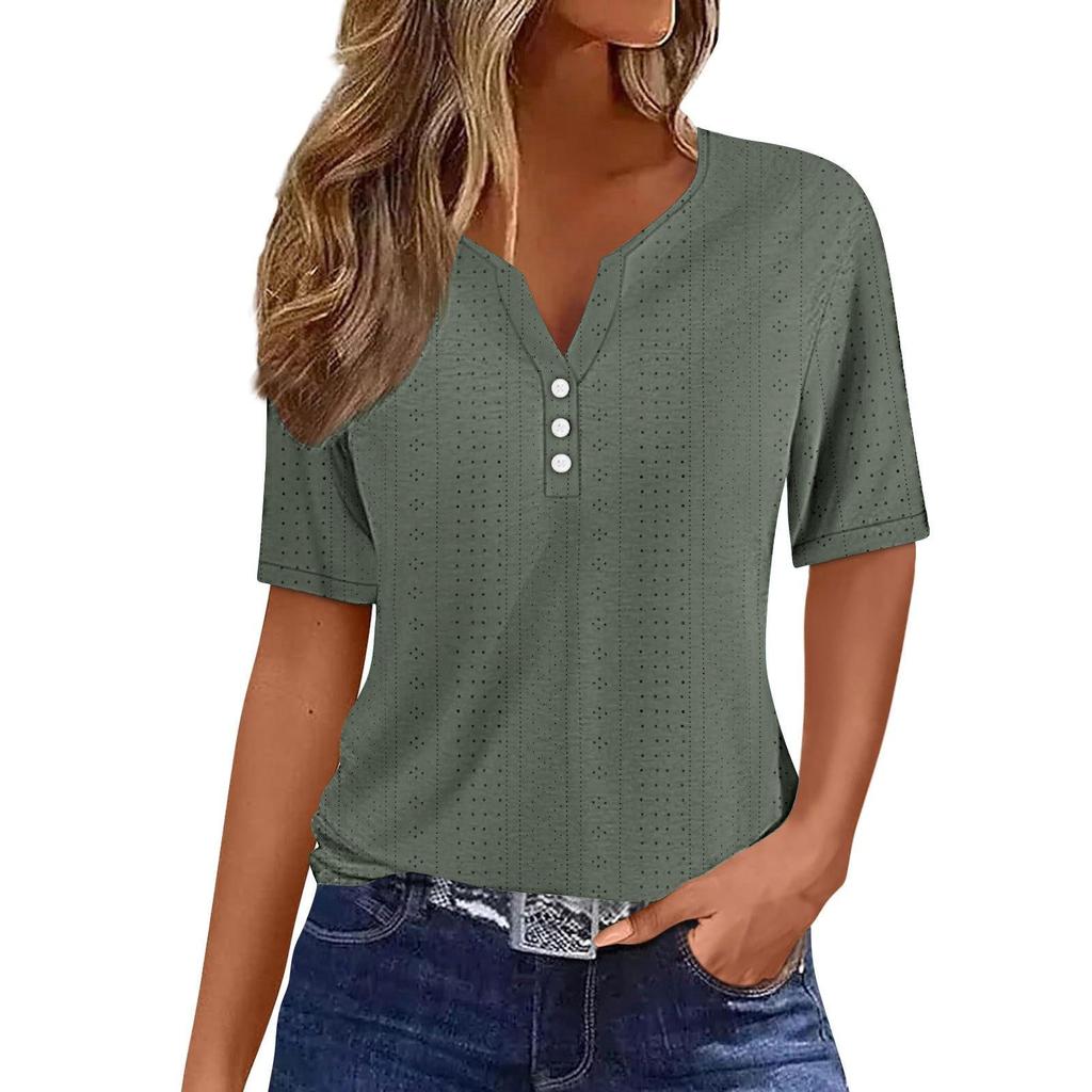 European & American Style V-Neck Jacquard Hollow-Out Short-Sleeve T-Shirt: Fashionable, Casual, Loose, Comfortable Summer Vacation Top