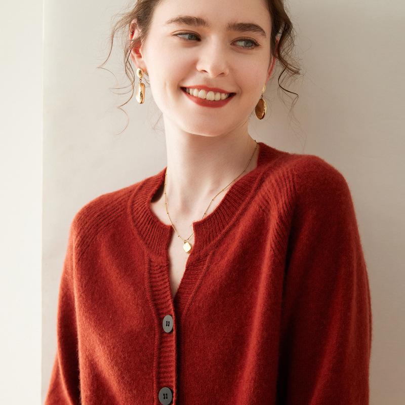 Women's Cashmere Round Neck Cardigan - 2024 Autumn/Winter Collection, Thickened Raglan Loose Knit Sweater, Versatile Outerwear.