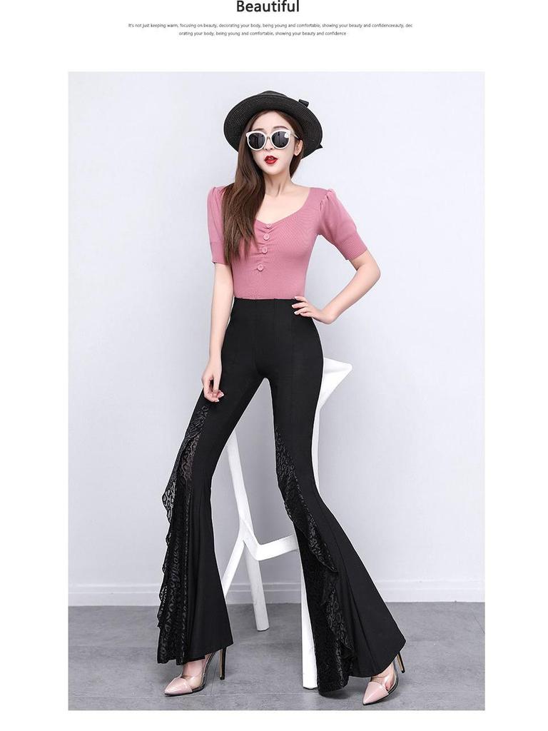 2025 Spring Black Lace High-Waisted Wide Leg Fishtail Pants