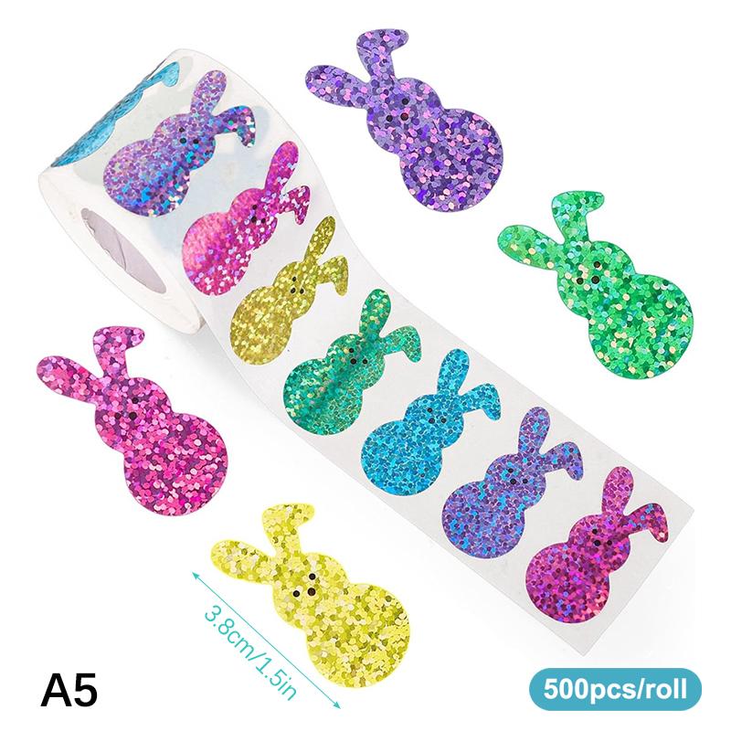 

500pcs/roll Easter Bunny Carrot Stickers Holographic Waterproof Stickers For Easter Egg Hunt, Party Decorations, Scrapbooking