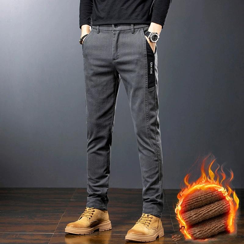Winter Mens Fashion Fleece Warm Casual Pants Slim Straight Leg Korean Thermal Trousers Business Thicken Velvet Brand Streetpants