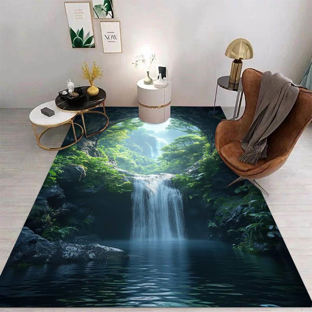 Natural Landscape Waterfall Forest 3D Art Area Rug Non Slip Soft Carpet For Living Room Bedroom Home Decor Nature Lovers Use