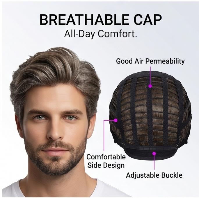 Men's Grey Gold Short Straight Synthetic Wig - Side-Part with Bangs, Breathable Adjustable Cap for Daily & Party Wear, Ready Stock