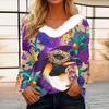 Women's Loose Casual Long Sleeved Printed Plush Collar V Neck Top, Long Sleeved Top