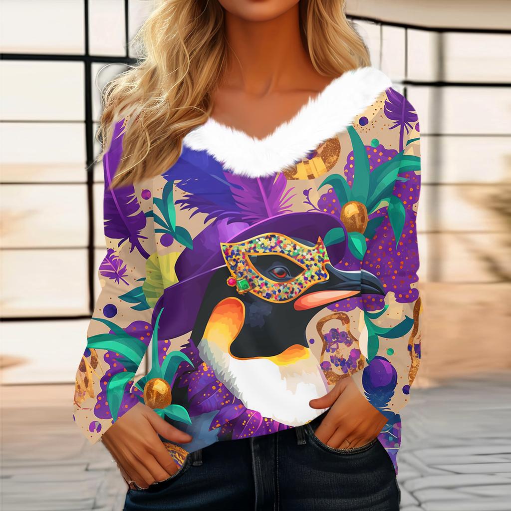 Women's Loose Casual Long Sleeved Printed Plush Collar V Neck Top, Long Sleeved Top