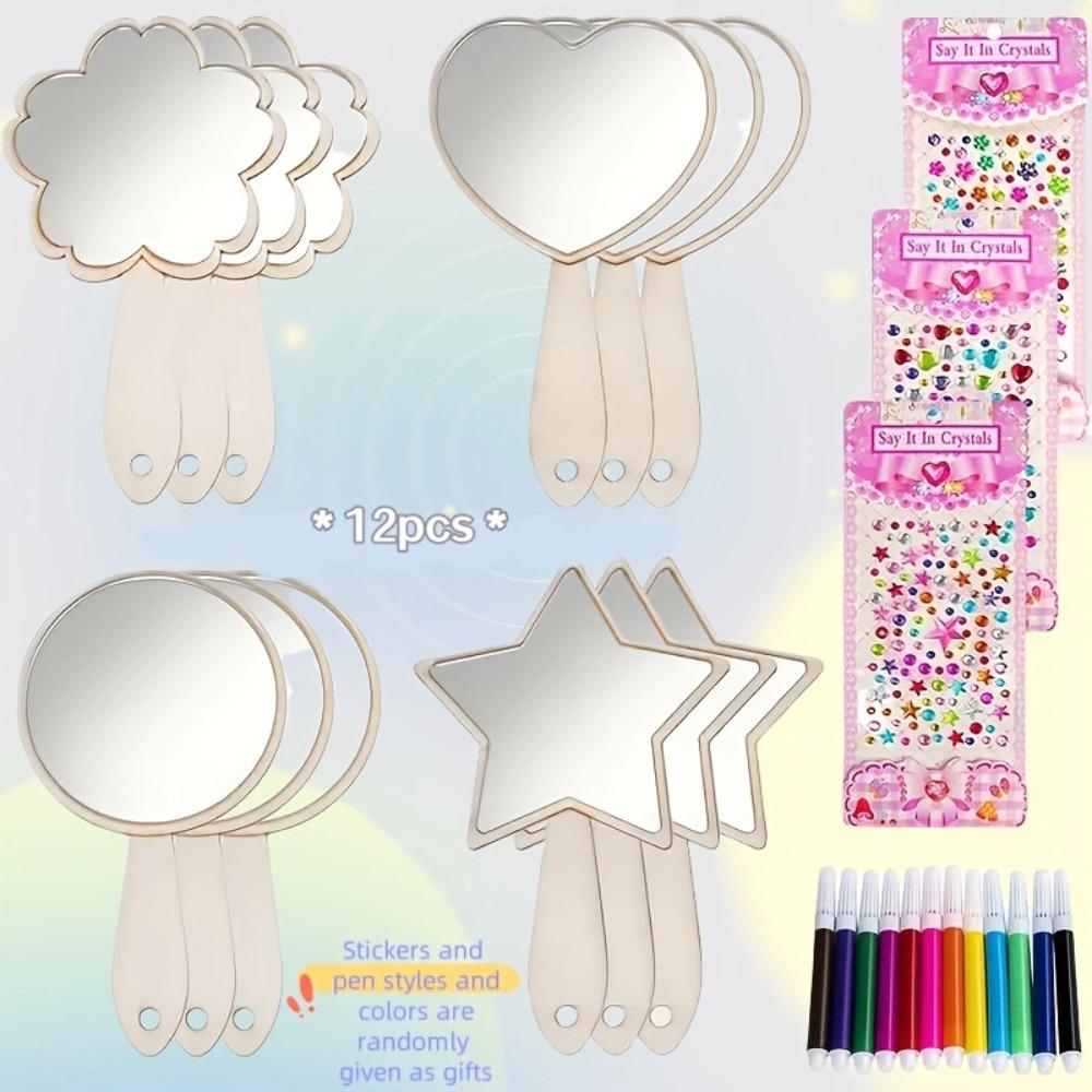 1 Set DIY Wooden Mirror Craft Unfinished with Paintbrushes Kids Decorate Mirrors Birthday Party Gift Princess Mirror Crafts