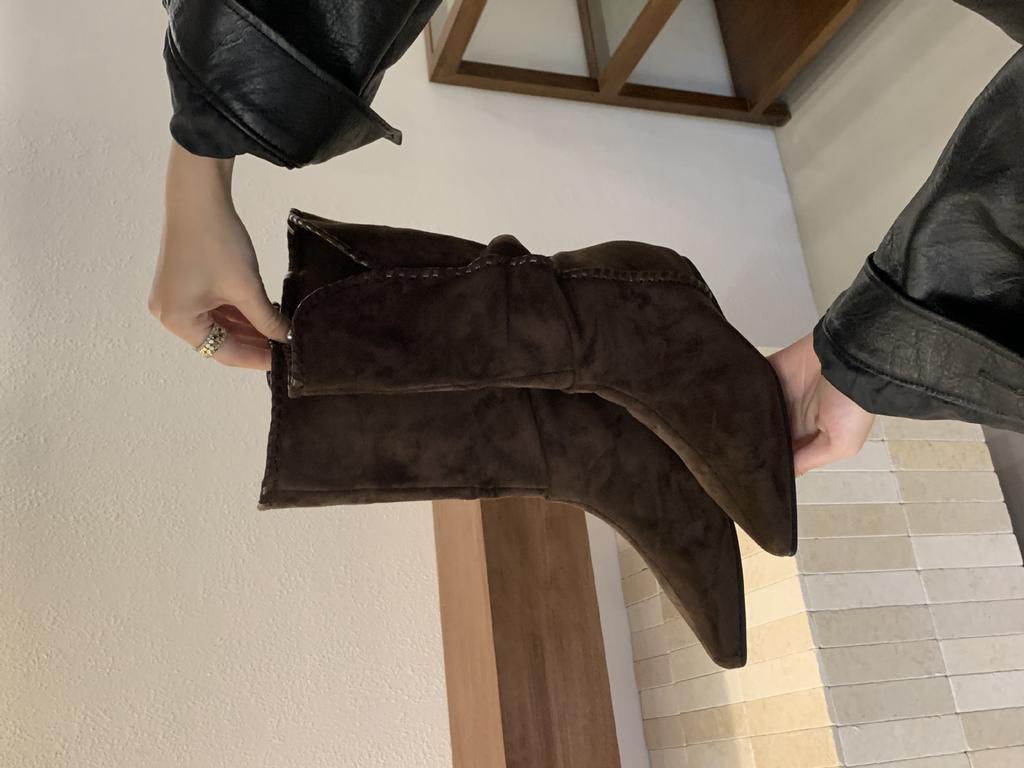 Middle Heel Pointed Head Thousand Gold Wind Fashion Boots European High Mercerized Cow Anti-velvet Stacking Boots Lazy Folded Short Boots