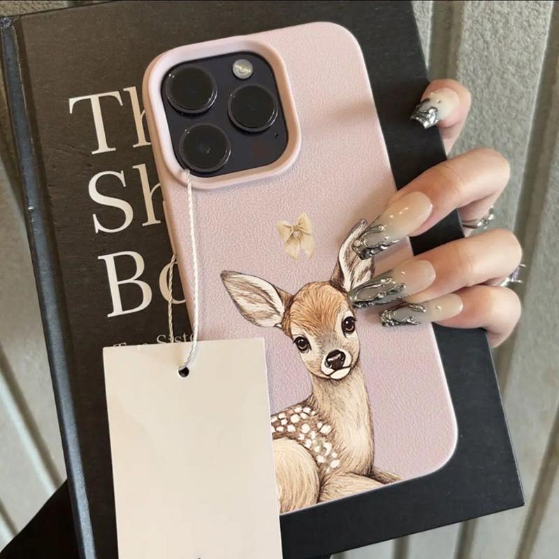 

Cute Deer Bow Pattern Lychee Texture Phone Case For iPhone 11 12 13 14 15 16 17 Pro Max 17 Air 15 14 Plus X XS XR 16E Soft Cover iPhone 12