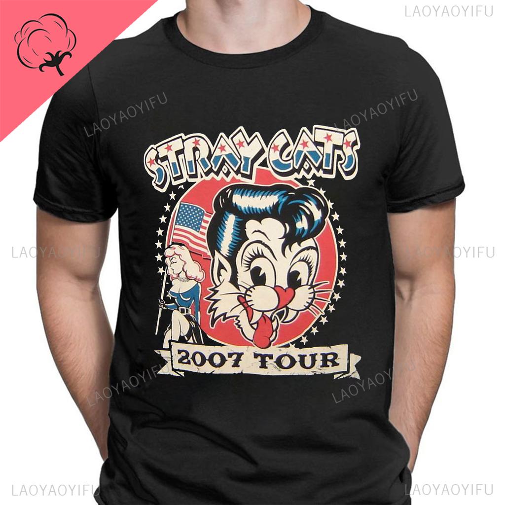 Stray Cats Rock Klassiska T-shirts Amerikanskt Rockabillyband Fan Hipster Streetwear Mode Andningsbar Pojke Flicka Män Kvinnor Bomulls T-shirt