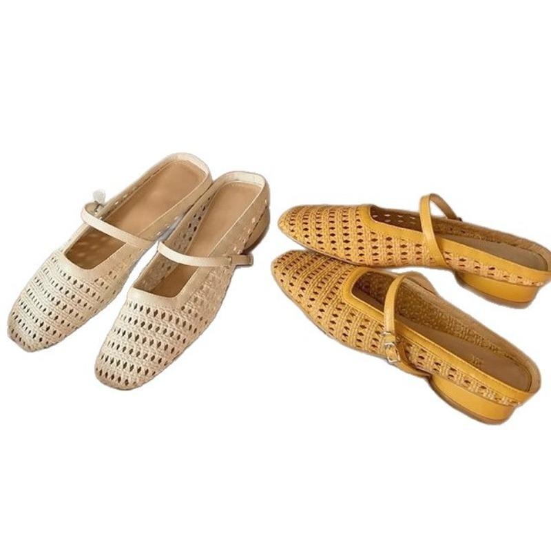 Sheepskin hand-woven hollow bag head Mary Jane slippers women's summer wear with skirt thick heel sandals beach sandals