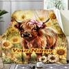 1PC Custom Name Highland Cow Sunflower Field Flannel Blanket Versatile,all-season Throw Suitable for the Living Room,bedroom,camping,travel,and Gift