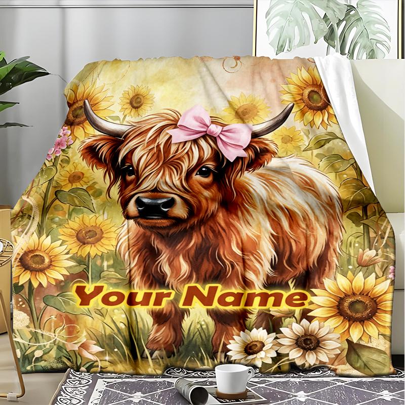 1PC Custom Name Highland Cow Sunflower Field Flannel Blanket Versatile,all-season Throw Suitable for the Living Room,bedroom,camping,travel,and Gift