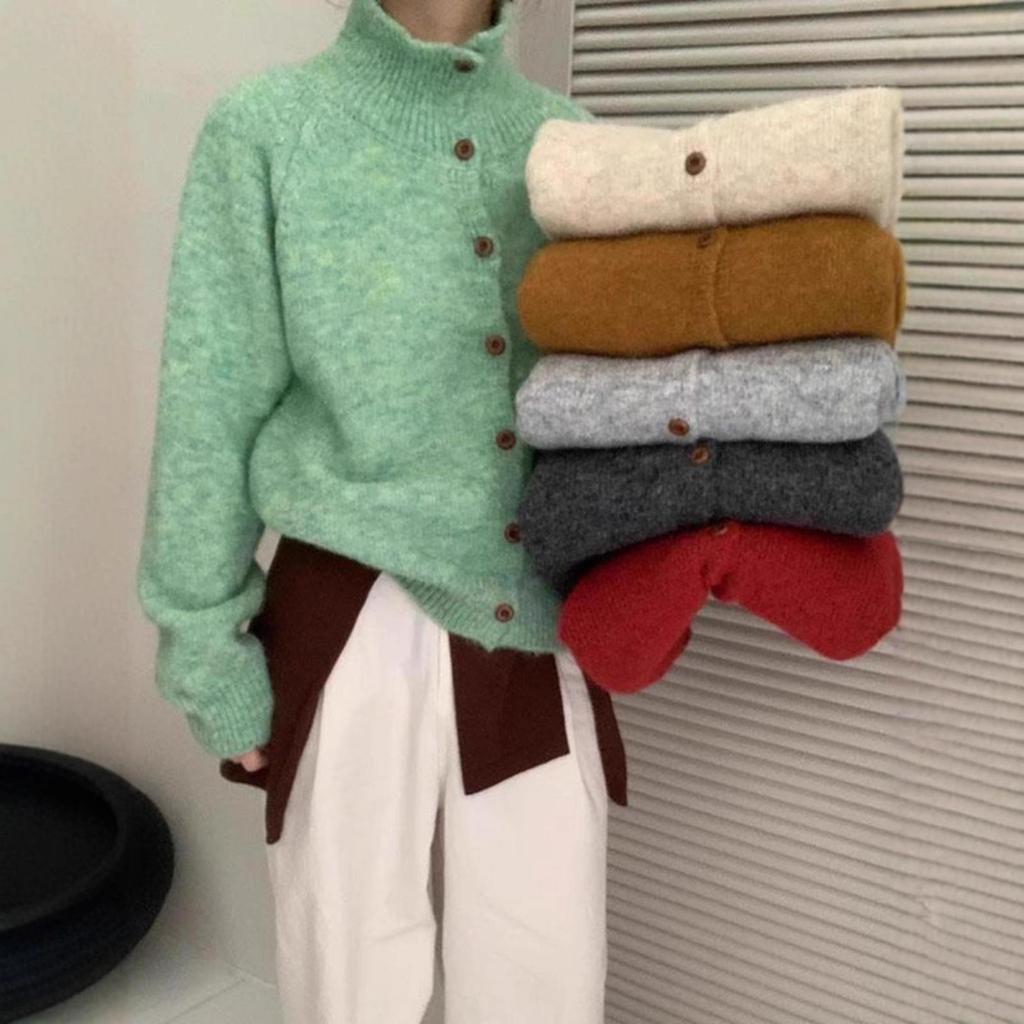 Korean Autumn Winter Loose High Neck Knit Cardigan Sweater for Women