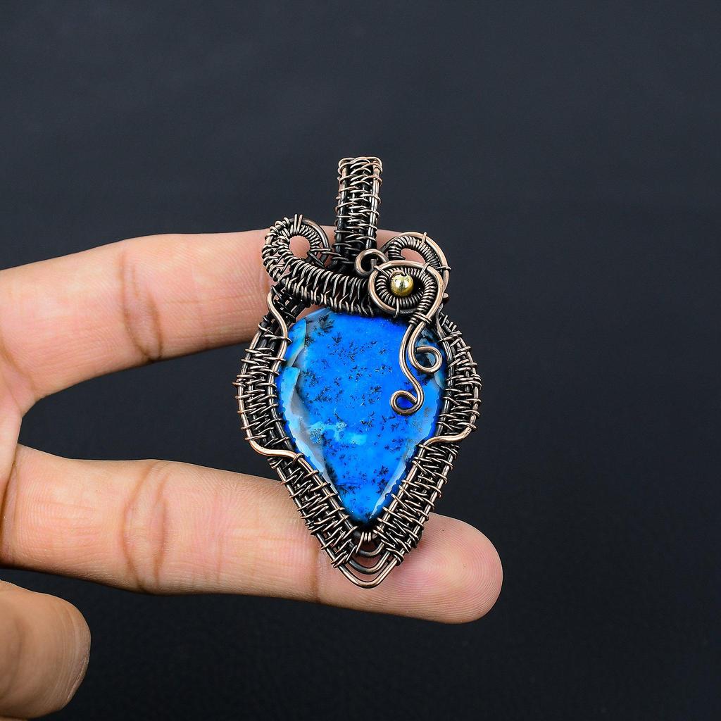 Blue Dendrite Opal Gemstone Pure Copper Wire Wrapped Handmade Pendant Jewelry For Her