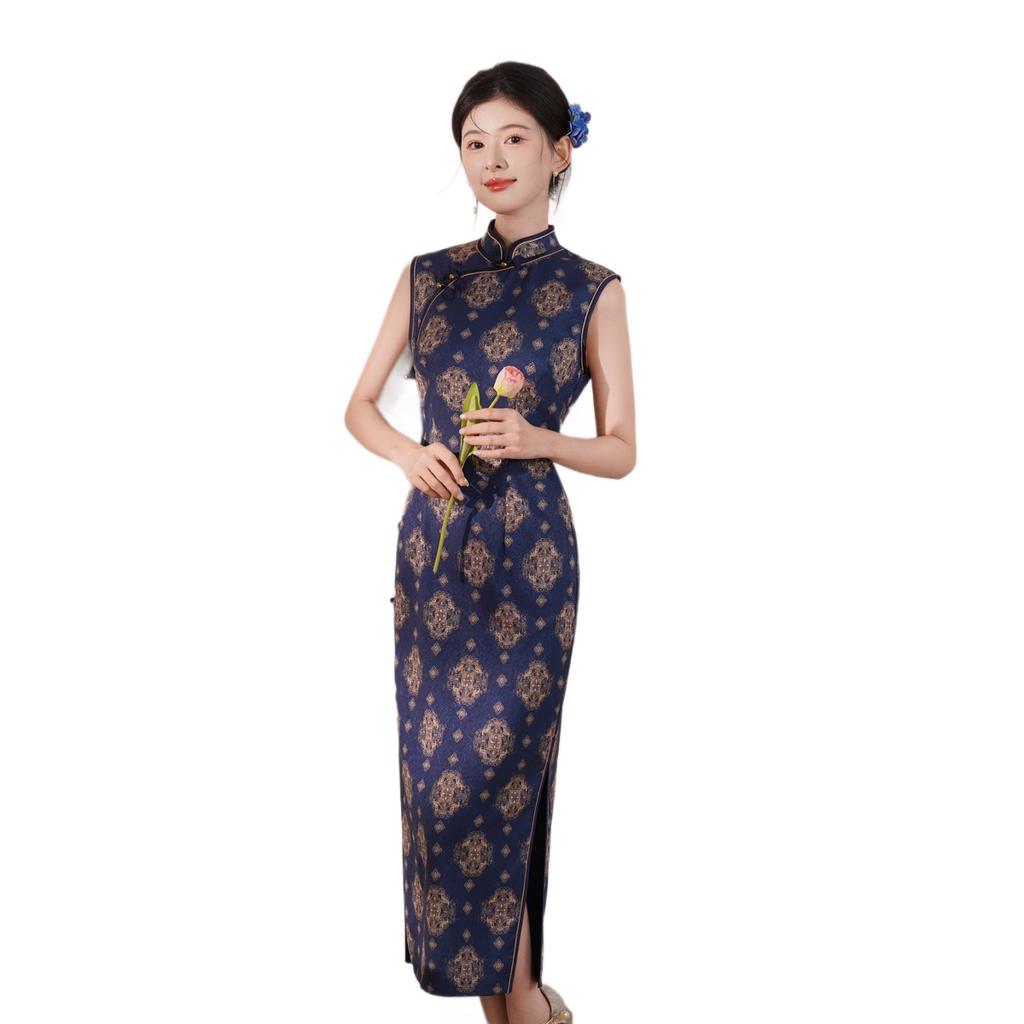 1011 New New Chinese Improved Cheongsam Women's Blue Jacquard Sleeveless Long Daily High Sense Retro Elegance Even