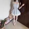 French plaid waist suspender dress women's summer new splicing lace tutu skirt niche design short skirt