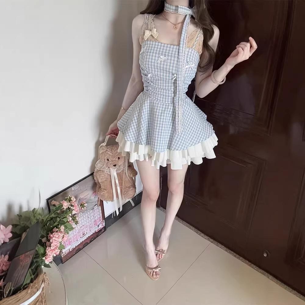 French plaid waist suspender dress women's summer new splicing lace tutu skirt niche design short skirt