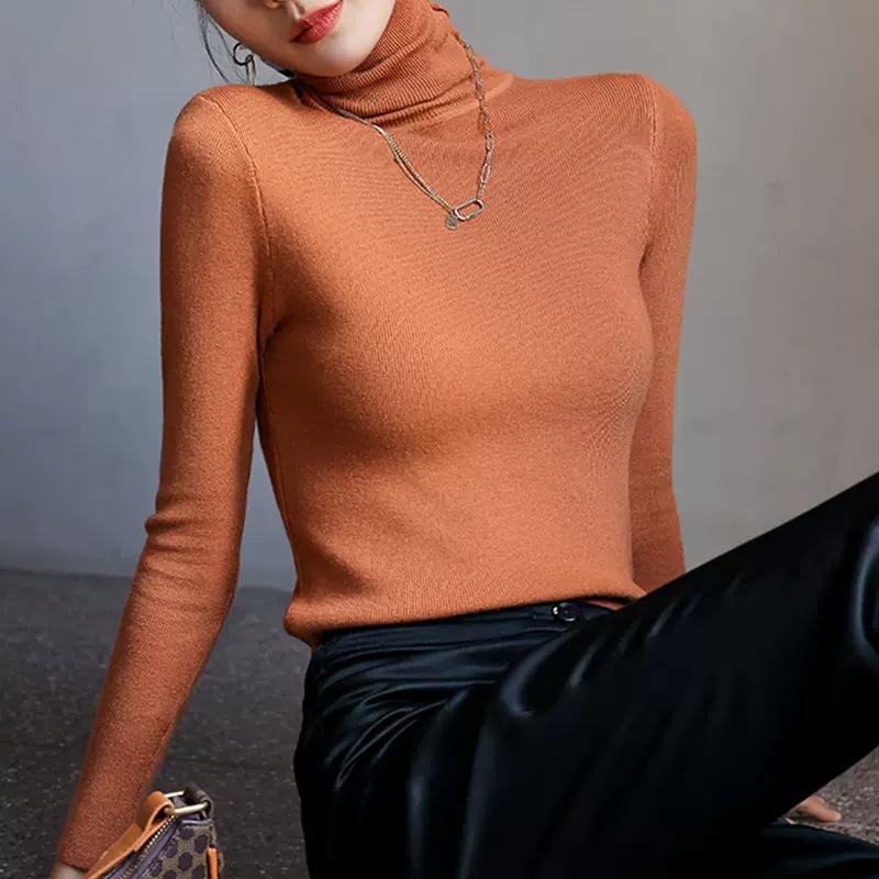 2024 Women's Versatile Slimming Turtleneck Knit Top - Semi-High Neck, Long Sleeve for Spring, Autumn, Winter.