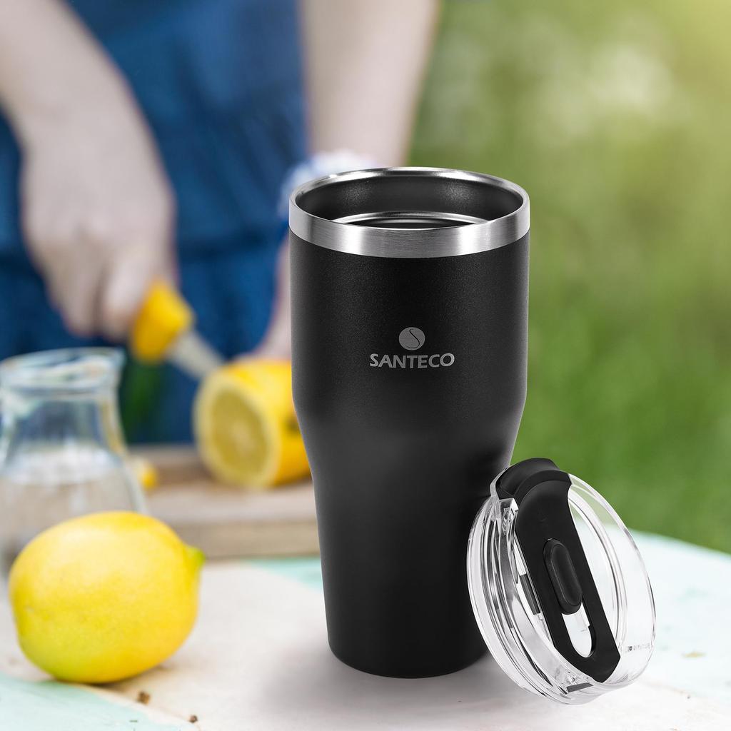 SANTECO Tumbler ESCAPE 590ML with Lid and Large Stainless Vacuum BPA Wide Mouth Black Straw, Capacity, Cold/Hot Keeper, Stylish, 18/8 Steel,