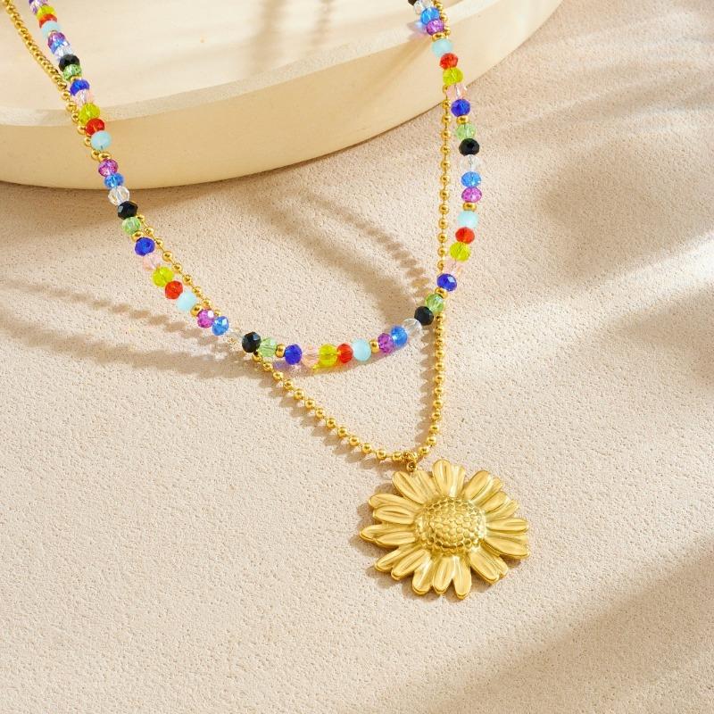 Gold Plated Stainless Steel Layered Rainbow Beaded Sunflower Pendant Necklace for Women