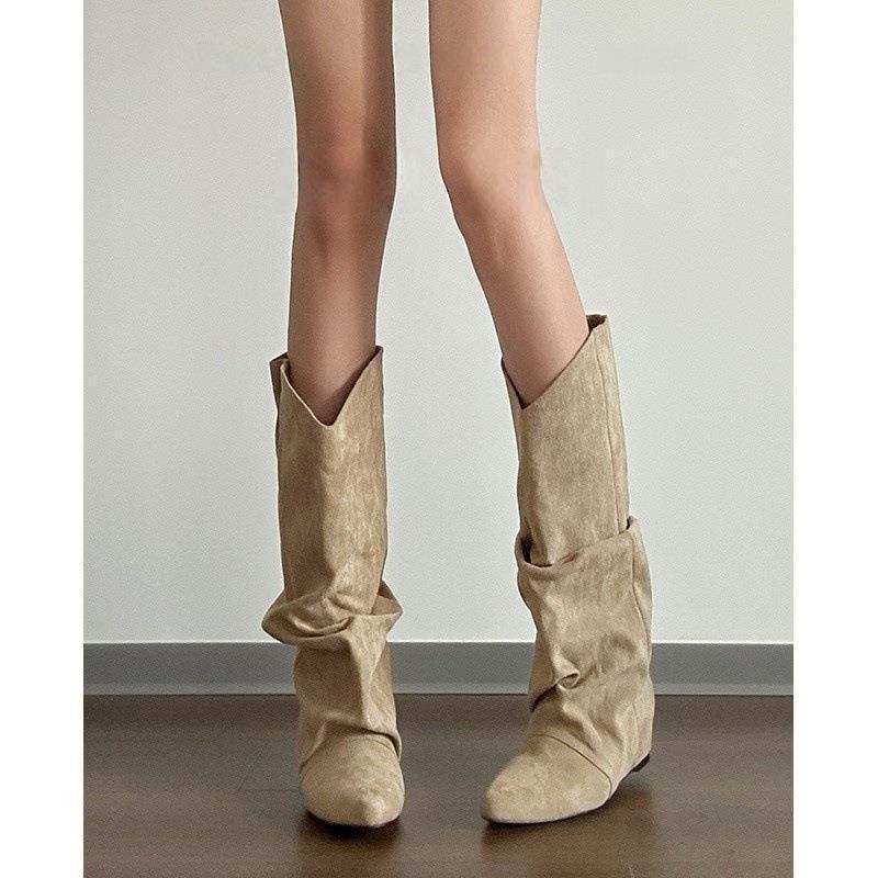 Brown western cowboy boots versatile wasteland wind pile boots women's inner height and slimming retro boots