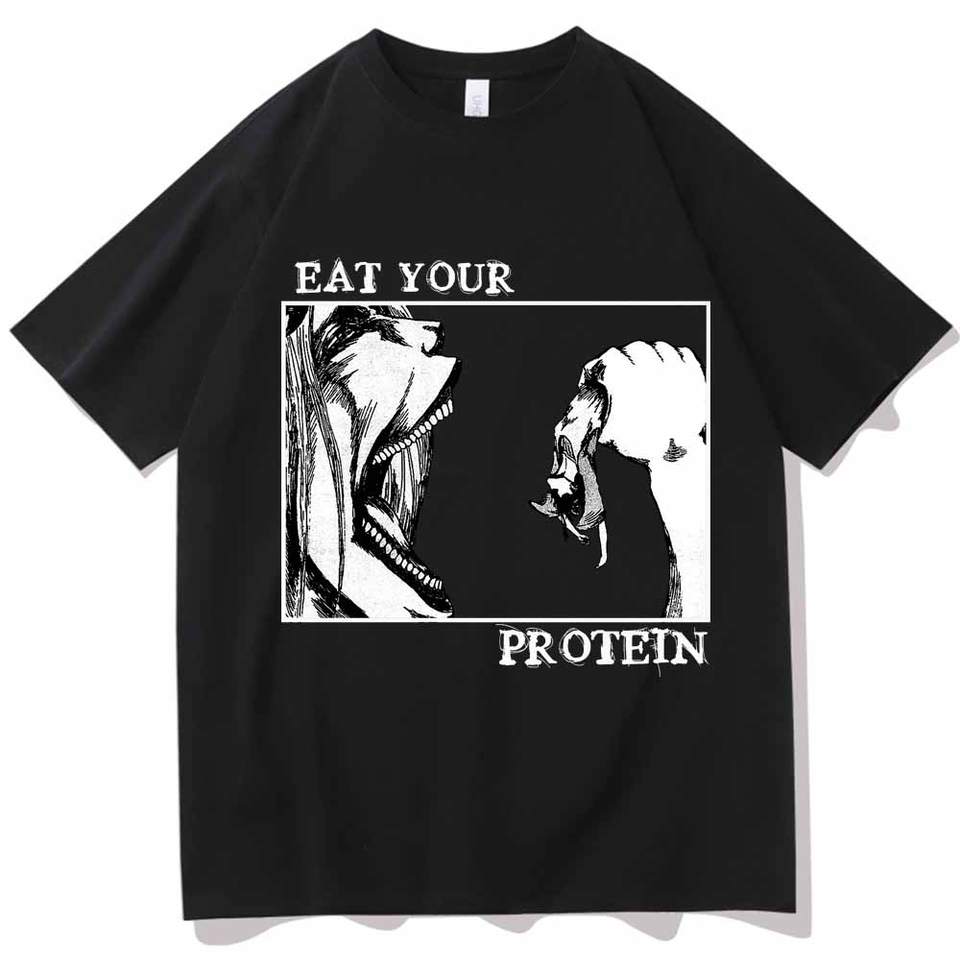 Japanisches Anime T-Shirt Eat Your Protein Aufdruck Baumwolle T-Shirt Herren Damen Sommer Lässig Rundhals und Kurze Ärmel