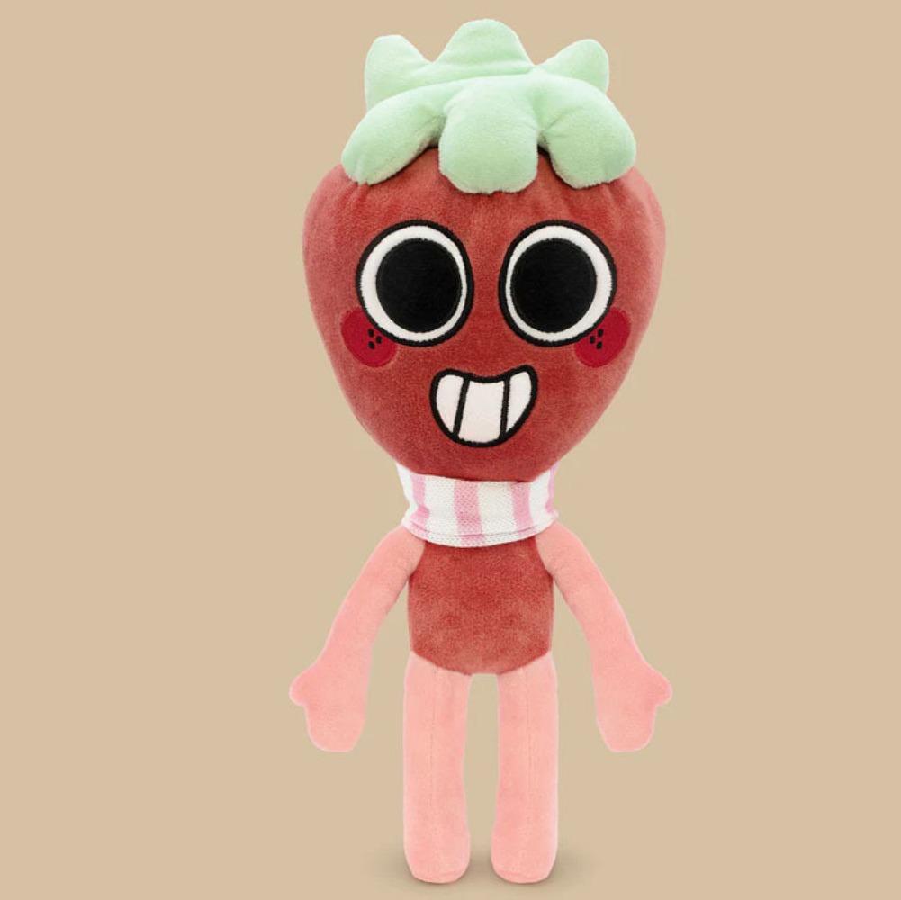 Neues Dandy's World Sprout Plüschtier Erdbeer-Charakter mit rosa-weißem Schal Weiche Stoffpuppe hält Cupcake für Kinder Geschenk & Fan-Sammlung