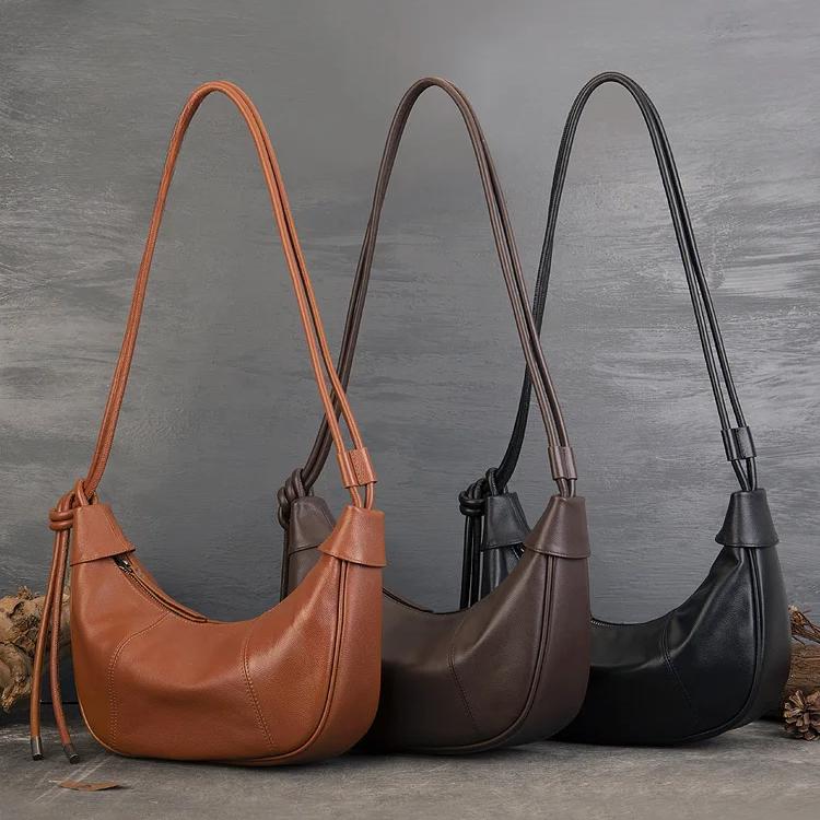 Johnature Genuine Leather Moon Bag Casual Solid Color Commuting Large Capacity Soft Cowhide Women's Shoulder Bags
