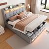 Upholstered Bed 160*200cm with LED Lighting and USB Socket, Headboard with Shelves and Storage, With Hydraulic for Storage, Linen Fabric Light Grey