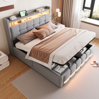 Polsterbett 160*200cm mit LED-Beleuchtung und USB-Steckdose, Kopfteil mit Regalen und Stauraum, Mit Hydraulik für Stauraum, Leinenstoff Hellgrau