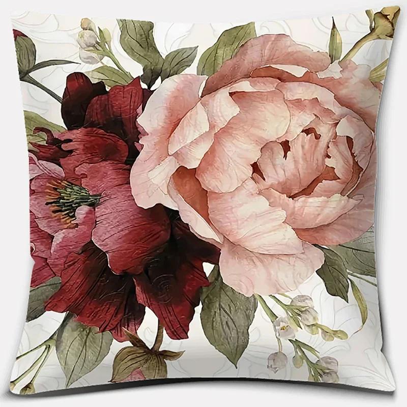Nordic Rose Flower Print Pattern Cushion Cover Home Living Room Sofa Office Decorative Pillow   45x45cm