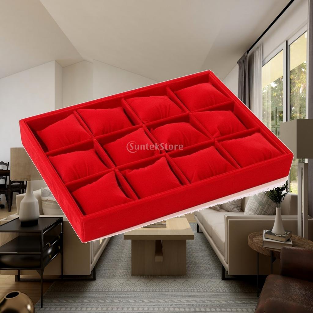 Samt Schmuckdisplay-Tablett 12-Schlitz-Organizer Aufbewahrungsbox mit Kissen für Uhren und Halsketten
