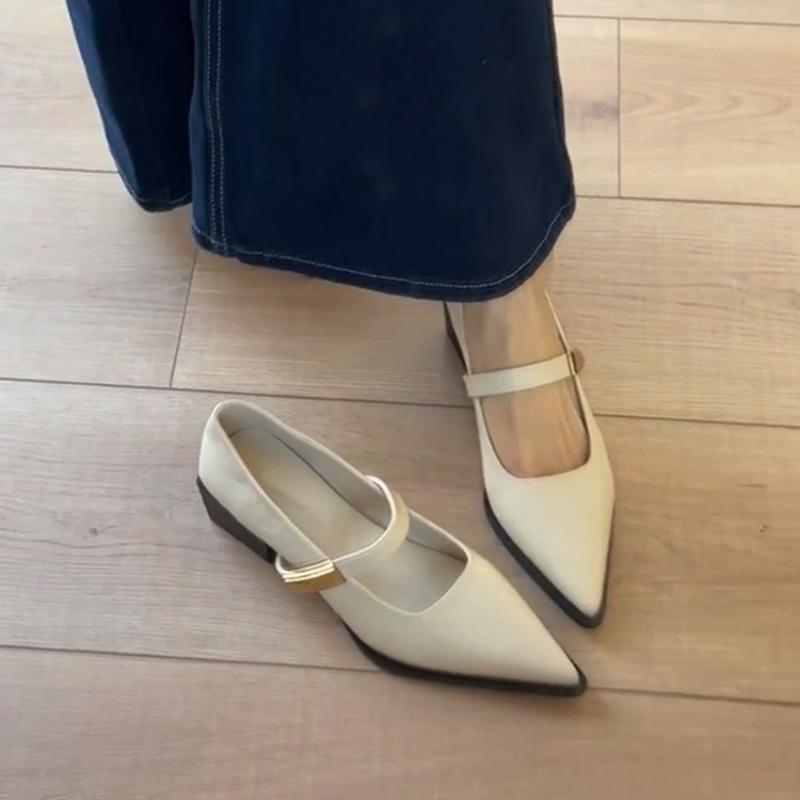 Retro Beautiful  Pumps Low Heeled Pointed Women Single Shoes Shallow Mouth Metal Buckle Pumps Banquet Thick Heel Work Shoes