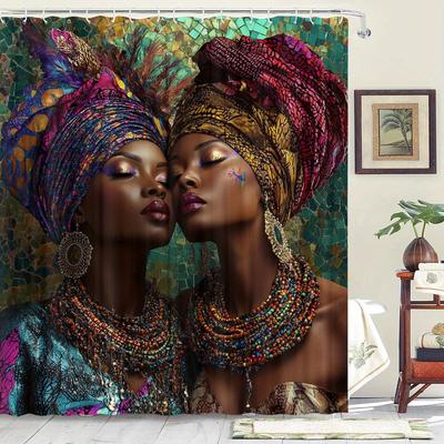 African Women Waterproof Shower Curtain - Traditional Headwraps and Beaded Jewelry Design, Durable Fabric for Bathroom Decor