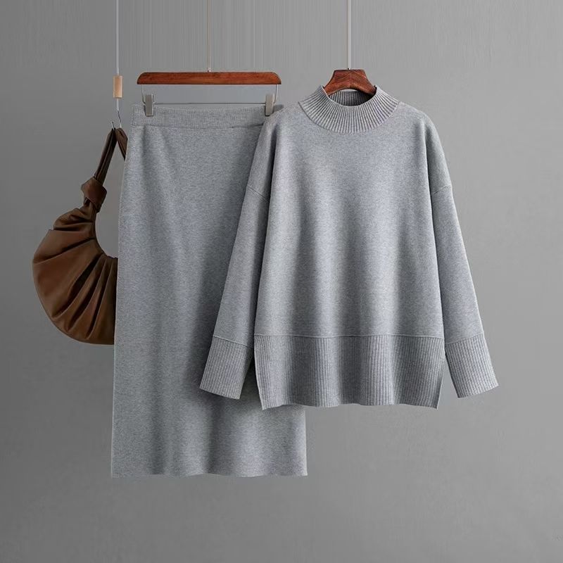 

European and American Knitted Turtleneck sweater Split Skirt sets Knited Sweater and Skirt Set Grey All yards