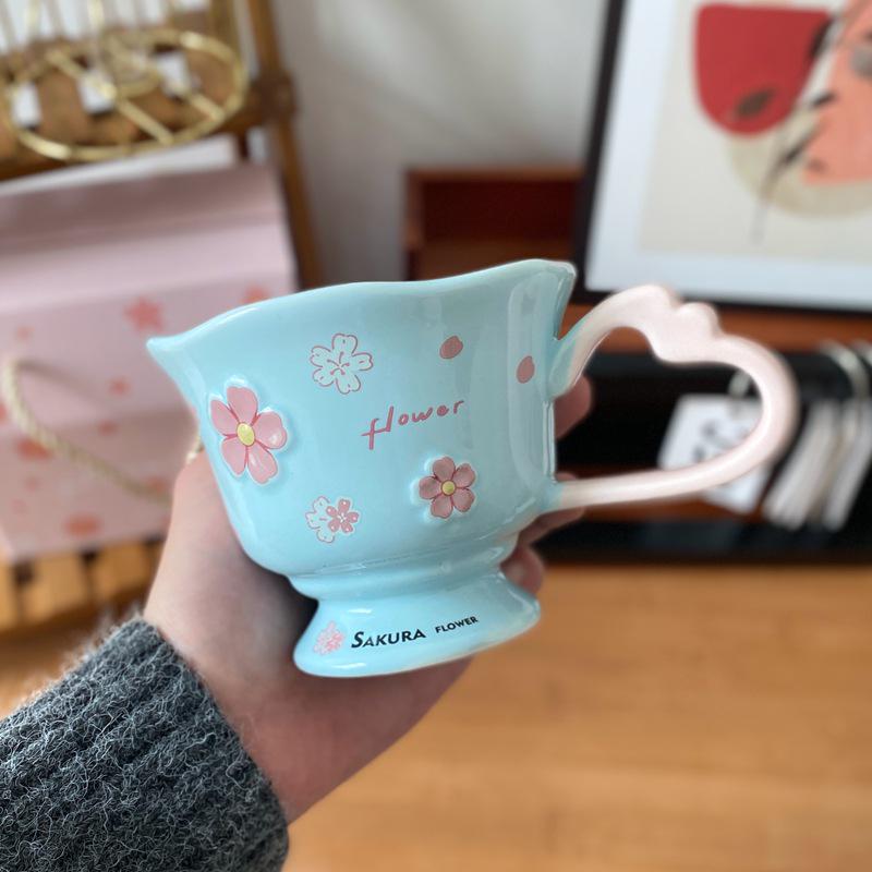 Personalized Cherry Blossom Embossed Ceramic Mug with Spoon – Creative Pink Souvenir Cup
