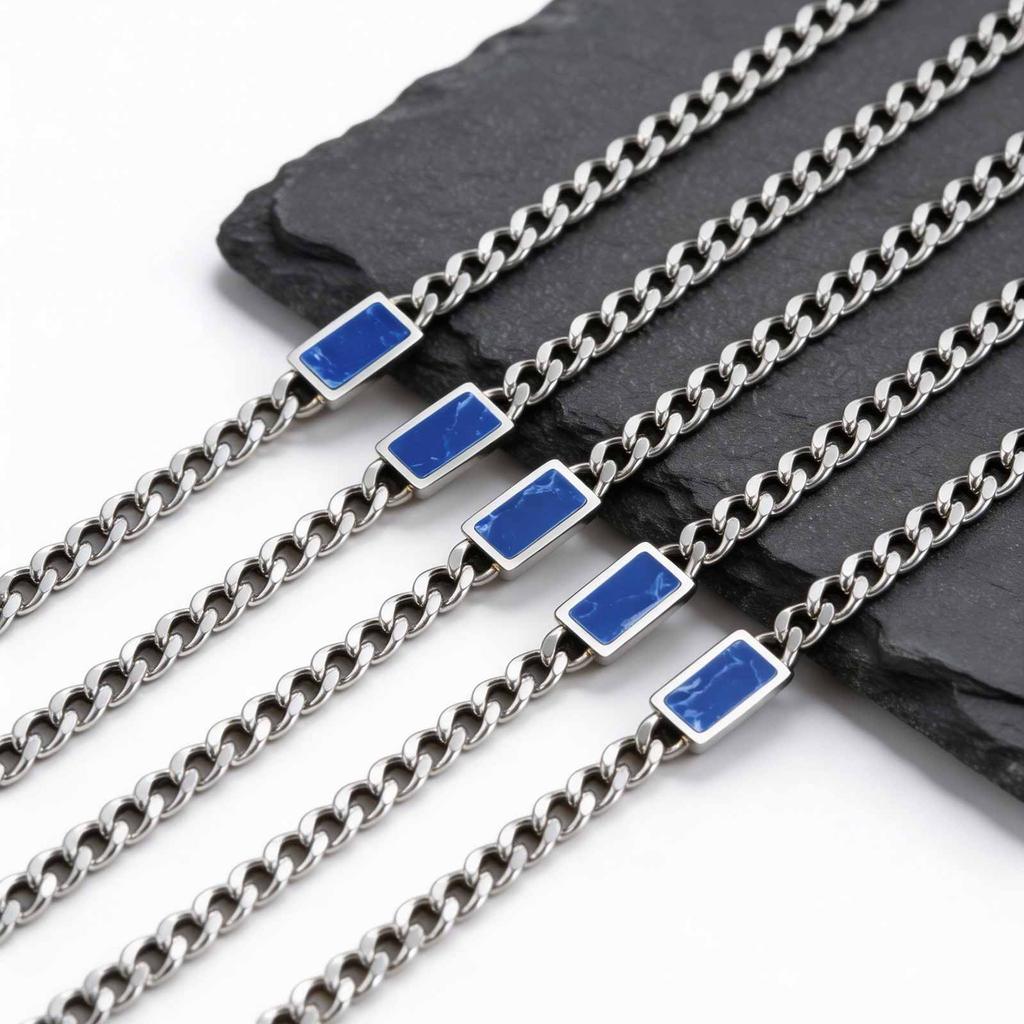 Men's Blue Natural Stone Chain Necklace,5mm Trendy Stainless Steel Cuban Link Choker,Hip-hop Punk Jewelry Gift