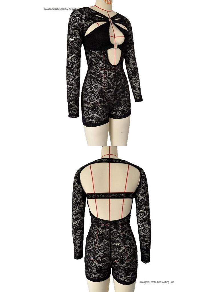Chic Lace Hollow-Out Slim-Fit Jumpsuit with Long Sleeves