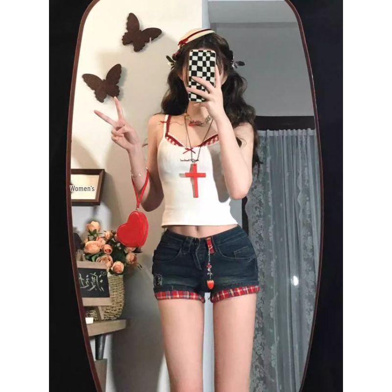 Women s Y2K Patchwork Color Block Low Waist Denim Shorts - Trendy Slim Fit Hot Pants Large