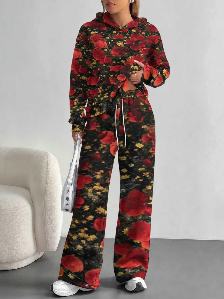 European and American Autumn/Winter 1116 Casual Vintage Floral Long-Sleeve Set, Women's Hoodie Sweatshirt and Long Pants Two-Piece Set