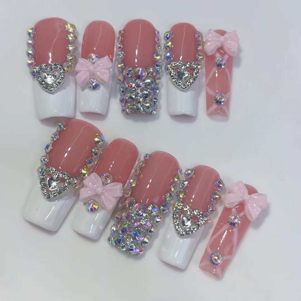 10Pcs Premium Hand Painted 3D Bowknot Heart Rhinestone Nail Art Charms Dazzling Multi Diamond Manicure Decorations