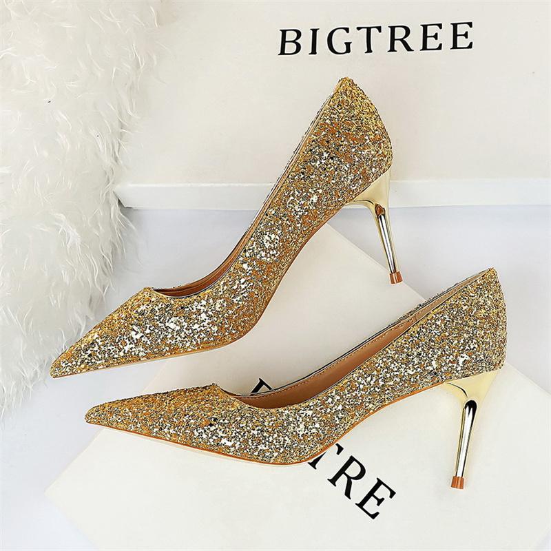 Women Fashion Pointed Toe Thin High Heels Sequins Glitter Luxury Designer Pumps Wedding Bridal Gold Valentine  Shoes
