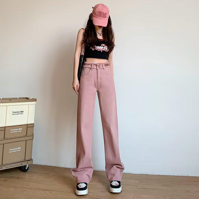 

Женские джинсы с высокой посадкой, розовые, с бахромой, широкие штанины - Летний тонкий дизайн, Приталенный свободный крой, Брюки длиной до пола XL розовый