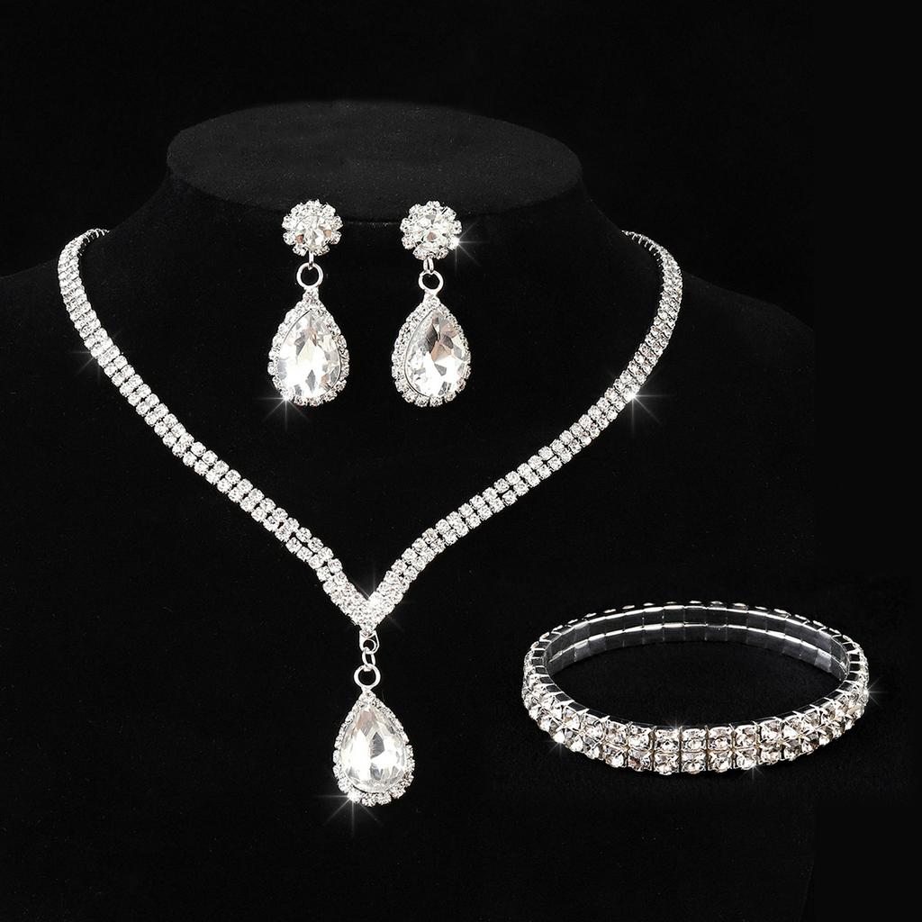 European and American bridal jewelry set simple zirconium water drop pendant rhinestone necklace earrings two wedding dress accessories