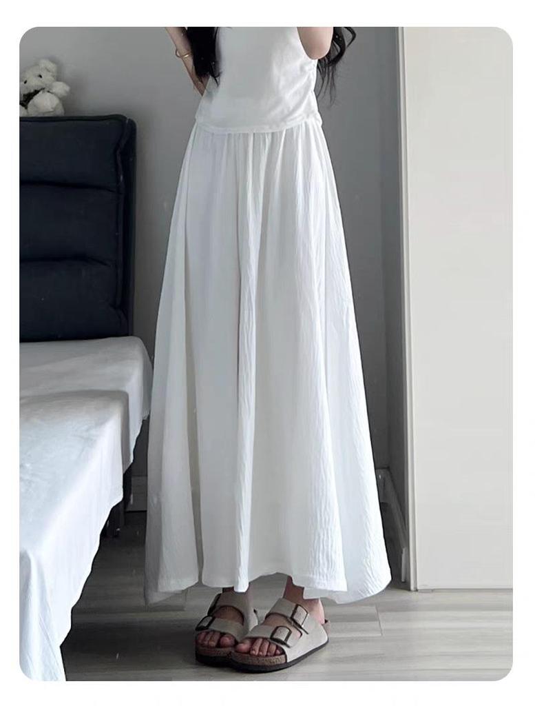 Ice Silk Off-White Pleated Culottes: Women's High-Waisted A-Line Midi Skirt